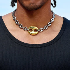 Two Tone Large Link Puffed Mariner Chain Necklace in White & Yellow Gold - 15mm
