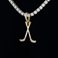 Iced Hockey Sticks Pendant in Yellow Gold