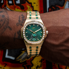 39MM Visionary Moissanite Iced Emerald Stone Band Watch - Yellow Gold