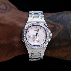 39MM Visionary Iced Pink Stone Band Watch - White Gold