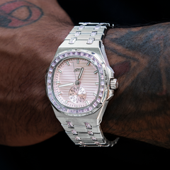 39MM Visionary Moissanite Iced Pink Stone Band Watch - White Gold