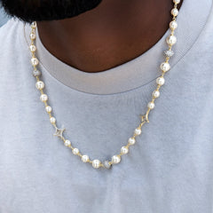 Iced Beaded Pearl Chain in Yellow Gold