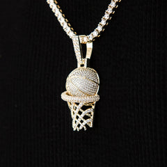 Iced Basketball Hoop Pendant in Yellow Gold