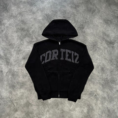 Corteiz College Knit Zip-Up Hoodie Black