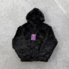 Faux fur hooded jacket-black