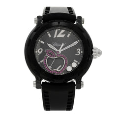 Stainless Steel Rubber Diamond Pink Sapphire 38mm Happy Sport Apple Quartz Watch Black
