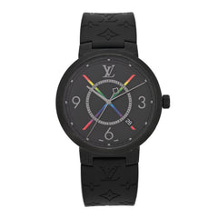 Stainless Steel Rubber 39mm Tambour Slim Rainbow Quartz Watch Black