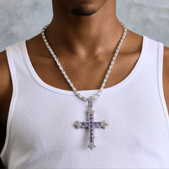 Large Iced Purple Baguette Cross Pendant in White Gold