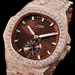 39MM Visionary Fully Iced Case & Chocolate Dial Watch - Rose Gold
