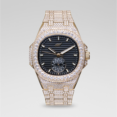 39MM Visionary Fully Iced Case & Black Dial Watch - Yellow Gold