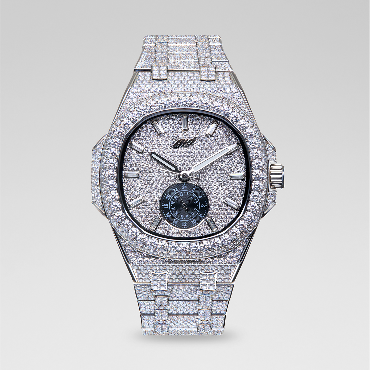 39MM Visionary Moissanite Fully Iced Case & Steel Band Watch - White Gold