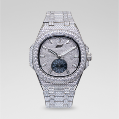 39MM Visionary Fully Iced Case & Steel Band Watch - White Gold