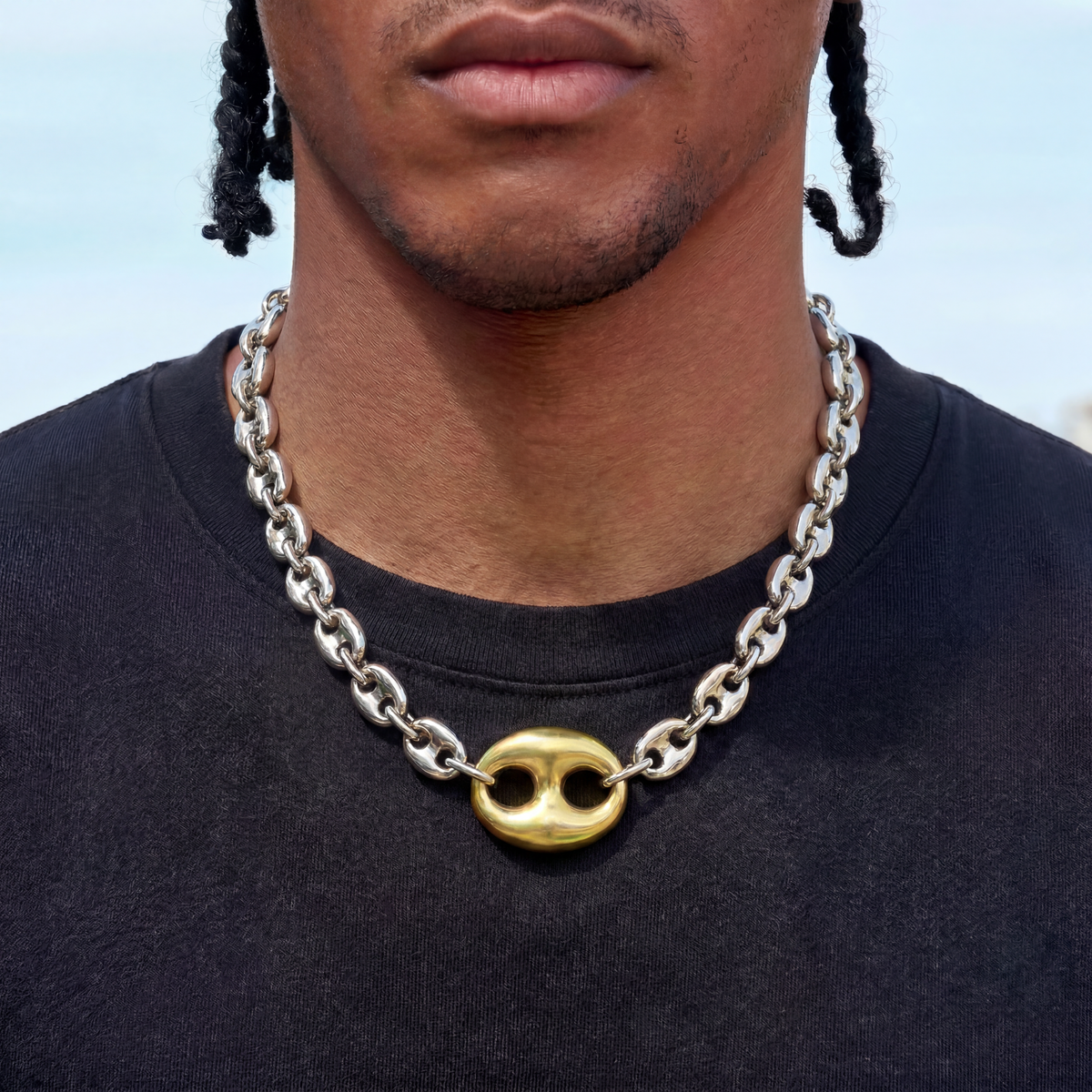 Two Tone Large Link Puffed Mariner Chain Necklace in White & Yellow Gold - 15mm