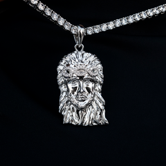 Large Diamond Crown Portrait of Jesus Pendant in White Gold