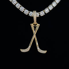 Iced Hockey Sticks Pendant in Yellow Gold