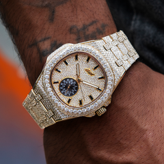 39MM Visionary Fully Iced Case & Steel Band Watch - Yellow Gold