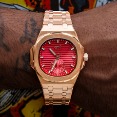 39MM Visionary Plain Case & Red Dial Watch - Rose Gold