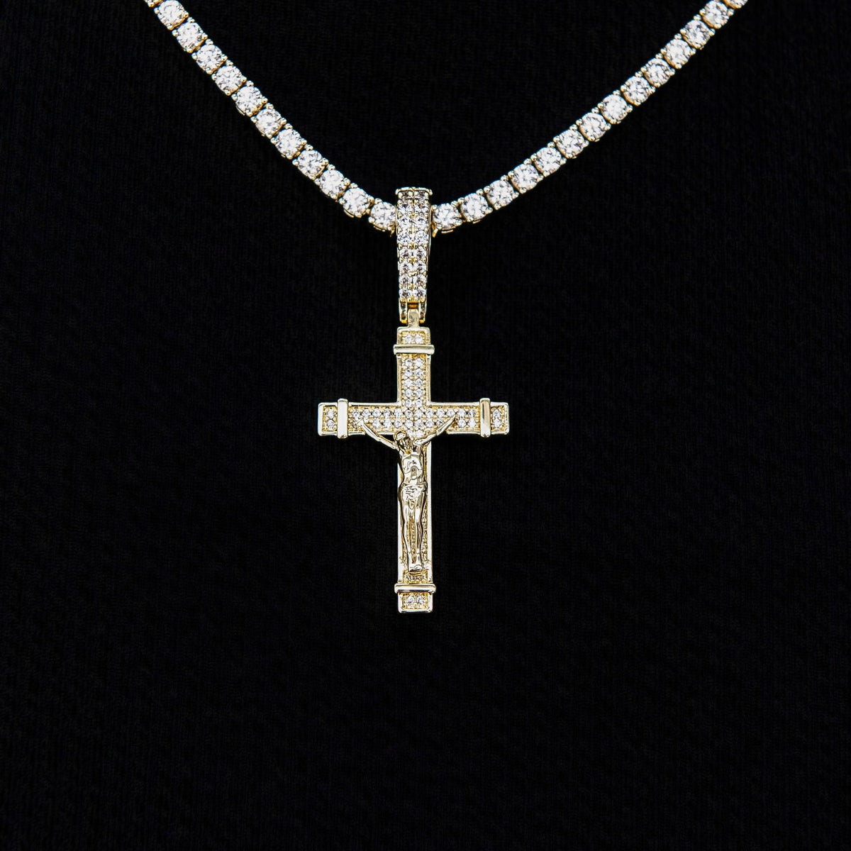 Iced Flat Crucifix Cross Pendant in Yellow Gold