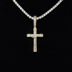 Iced Flat Crucifix Cross Pendant in Yellow Gold