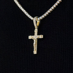 Iced Flat Crucifix Cross Pendant in Yellow Gold