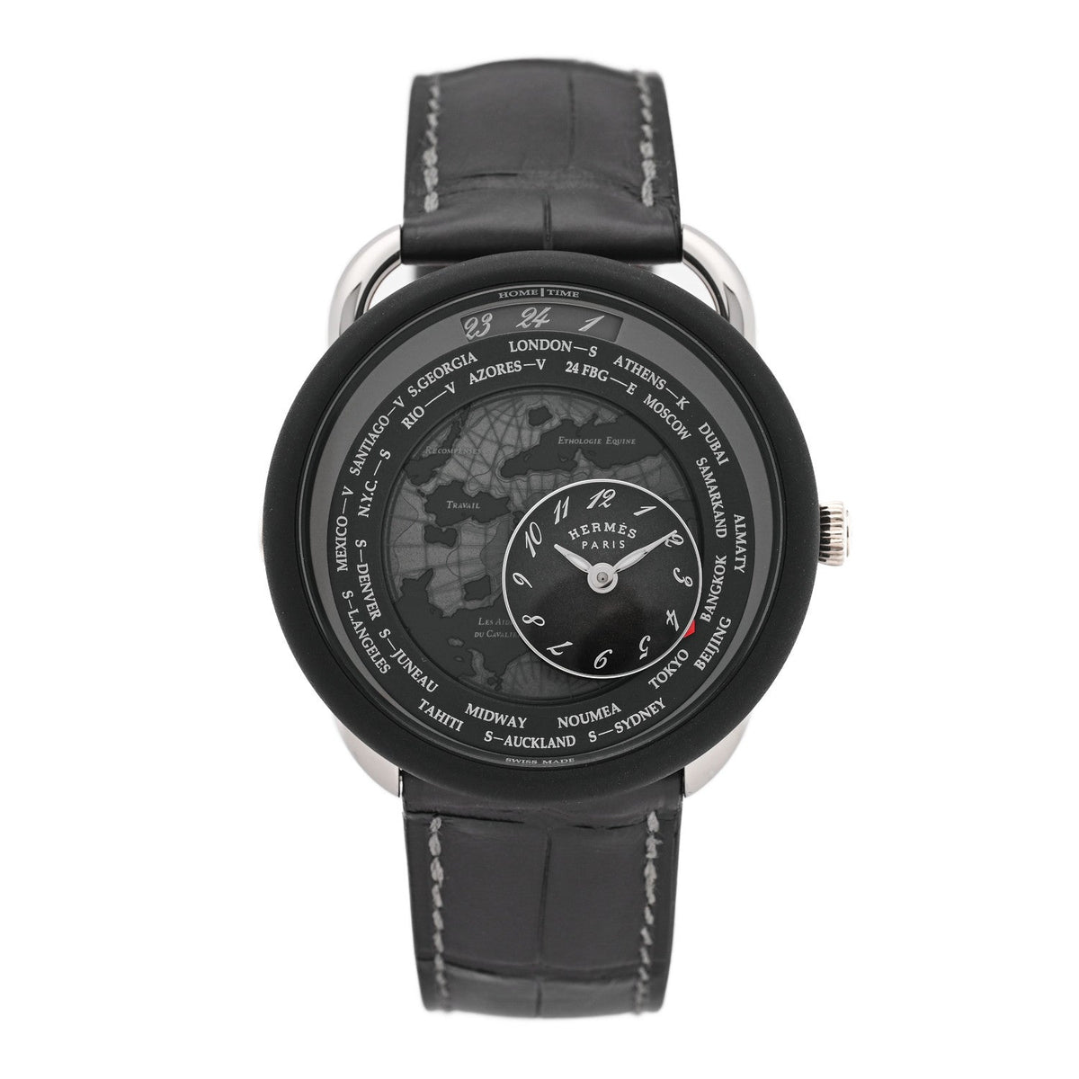 Platinum Titanium Alligator 43mm Arceau Le Temps Voyageur Automatic Watch Noir