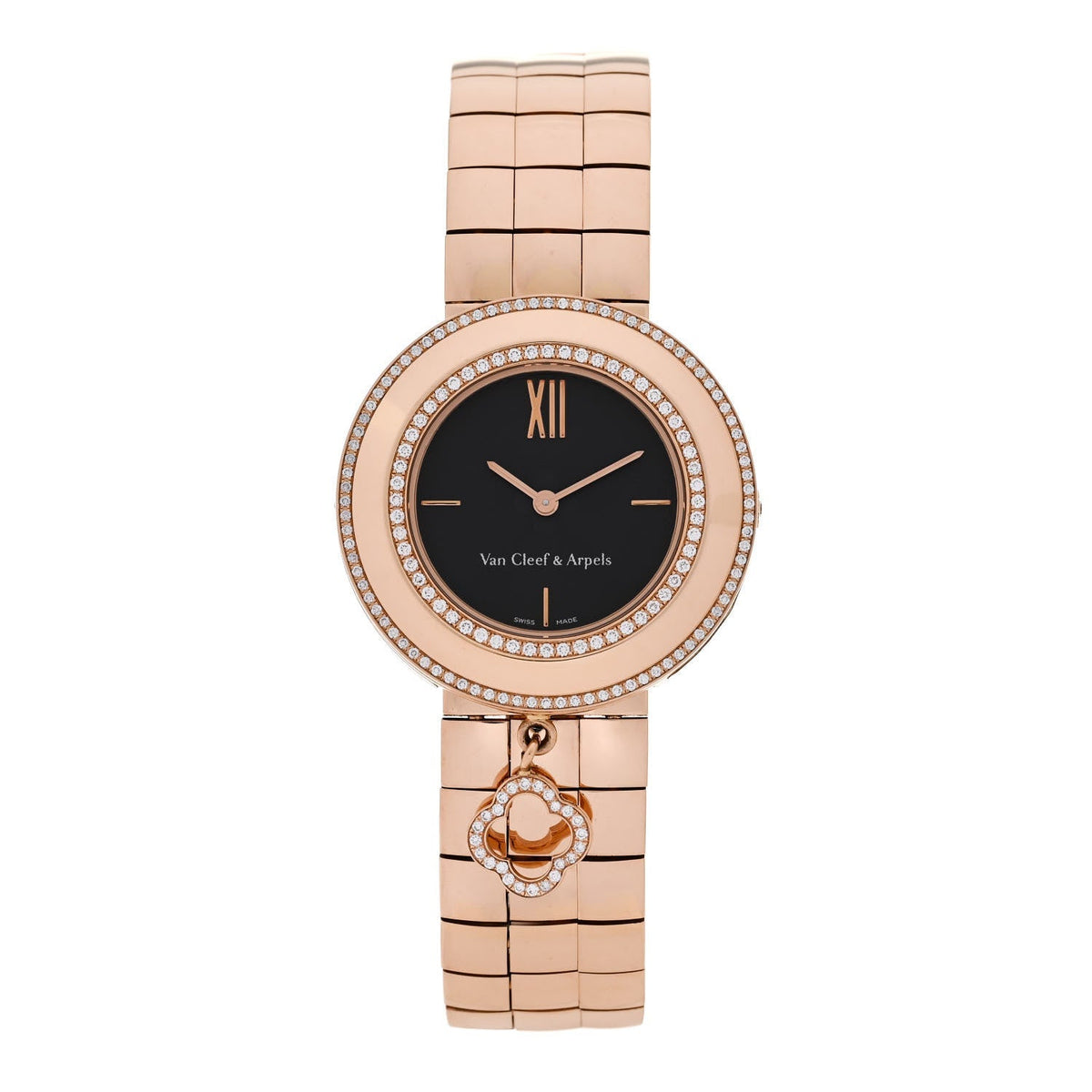 18K Rose Gold Diamond Bezel 32mm Charms Quartz Watch Black