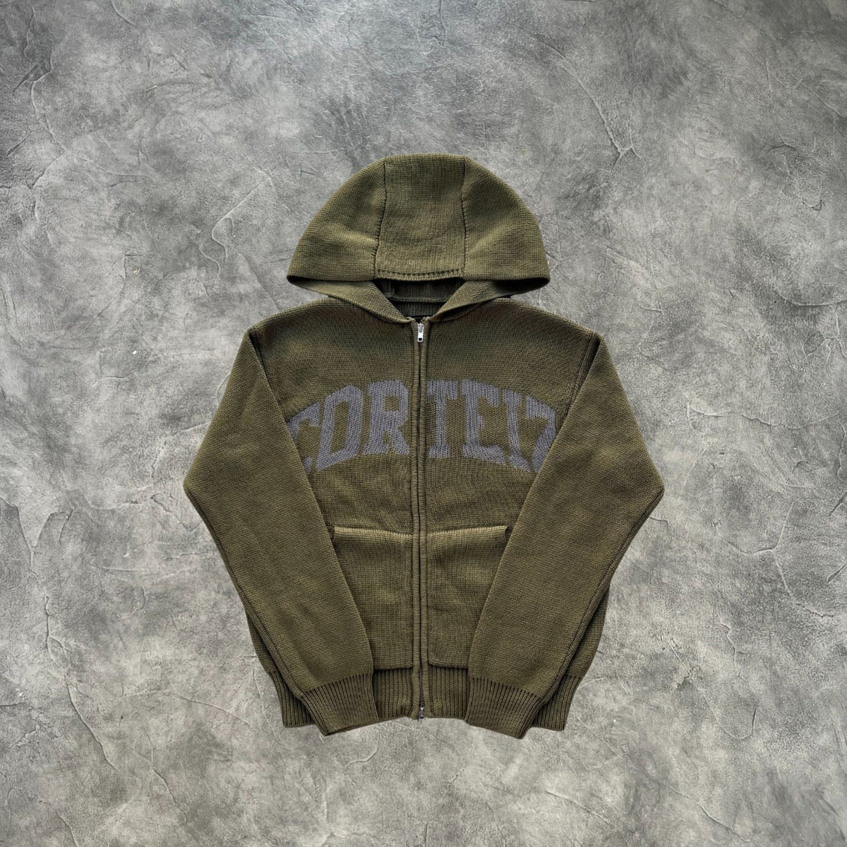 Corteiz College Knit Zip-Up Hoodie Army Green
