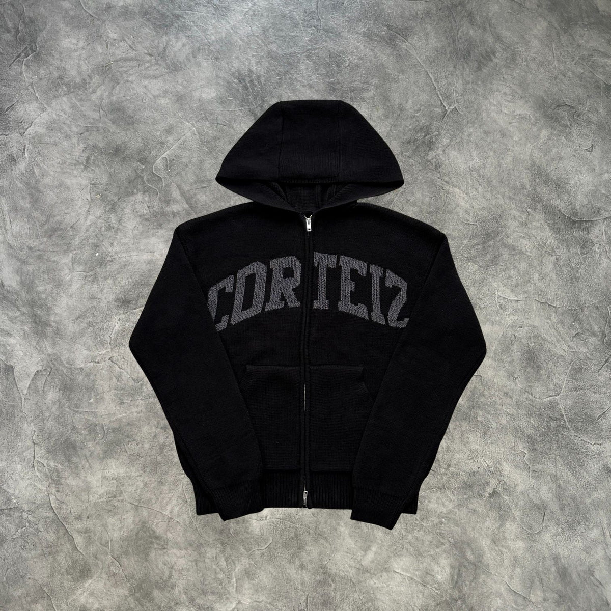Corteiz College Knit Zip-Up Hoodie Black