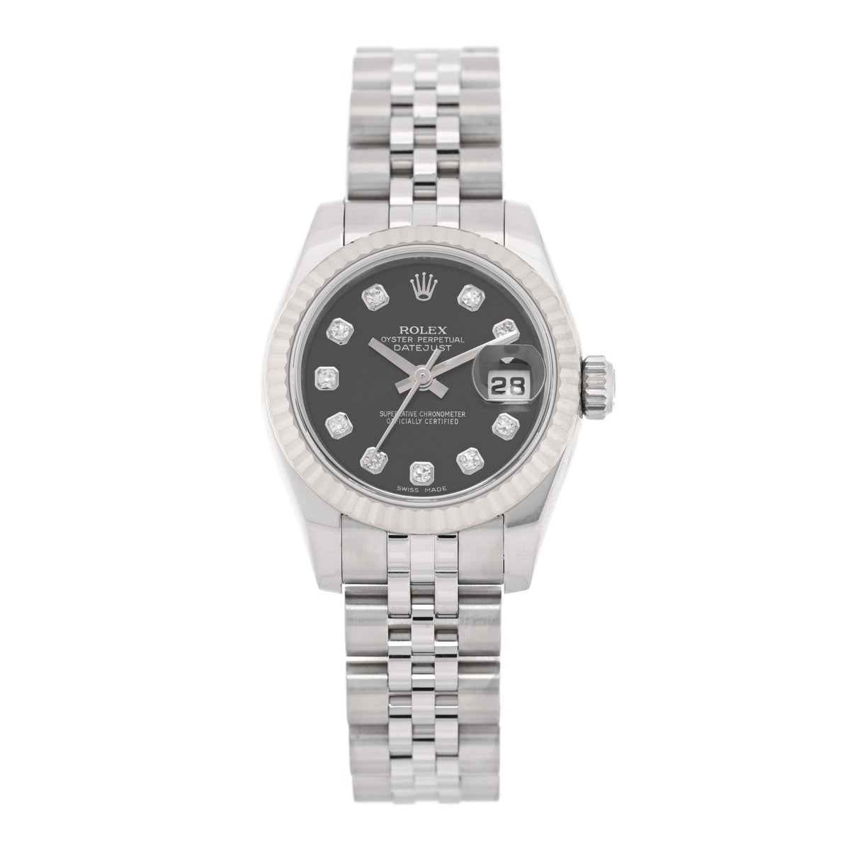 Stainless Steel 18K White Gold Diamond 26mm Oyster Perpetual Datejust Watch Black 179174