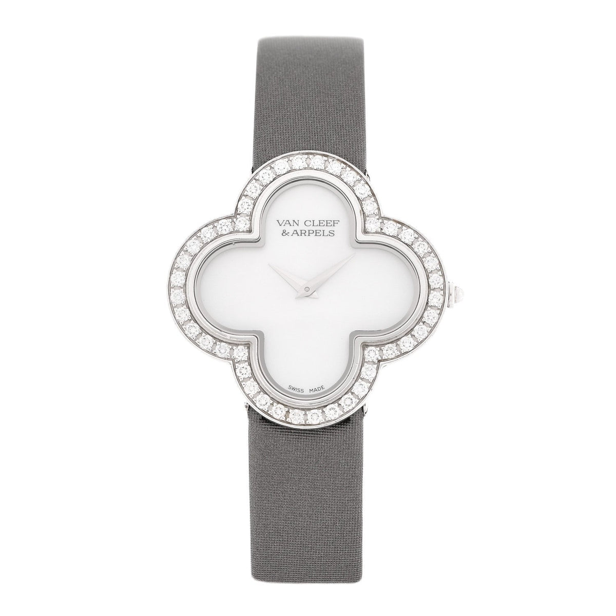 18K White Gold Satin Diamond Bezel Mother of Pearl 30mm Alhambra Quartz Watch