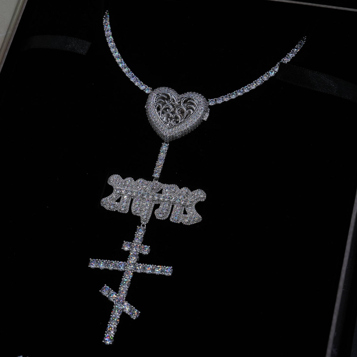 GLD X Bloody Osiris Moissanite Locket Rosary Chain in White Gold Vermeil