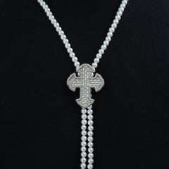 Iced Cross Pearl Bolo Chain in White Gold