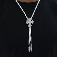 Iced Cross Pearl Bolo Chain in White Gold