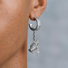 Iced Hanging Praying Hands Hoop Earring in White Gold
