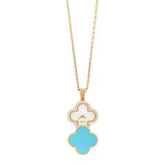 18K Yellow Gold Diamond Turquoise Mother of Pearl 28mm Alhambra Secret Pendant Quartz Watch