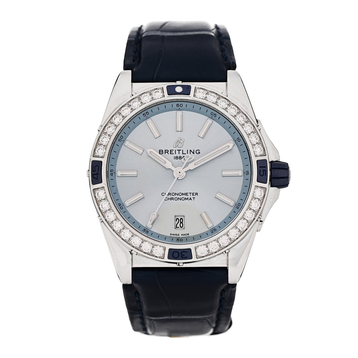 Stainless Steel Alligator Diamond Bezel 38mm Chronomat Automatic Watch Ice Blue A17356