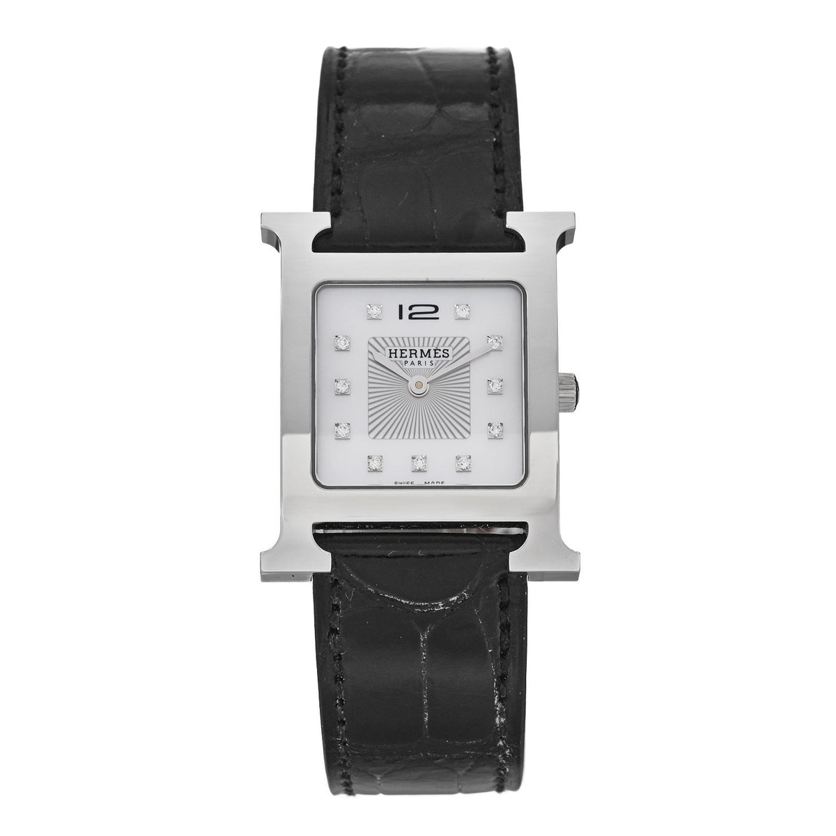 Stainless Steel Alligator Diamond Mother of Pearl 26mm Heure H Hour Quartz Watch Noir