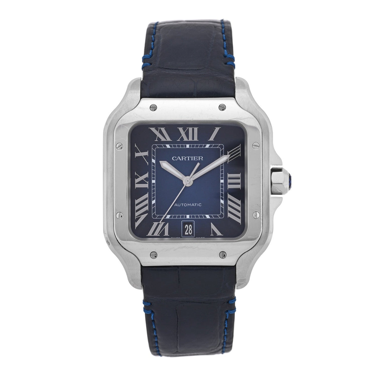 Stainless Steel Alligator 39.8mm Santos De Cartier Automatic Watch Blue