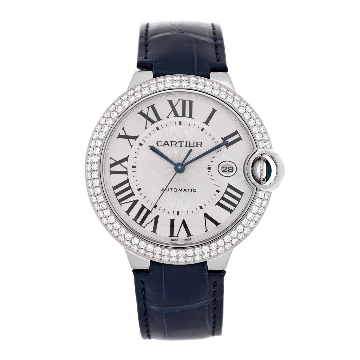18K White Gold Alligator Diamond Pave Bezel 42mm Ballon Bleu De Cartier Automatic Watch