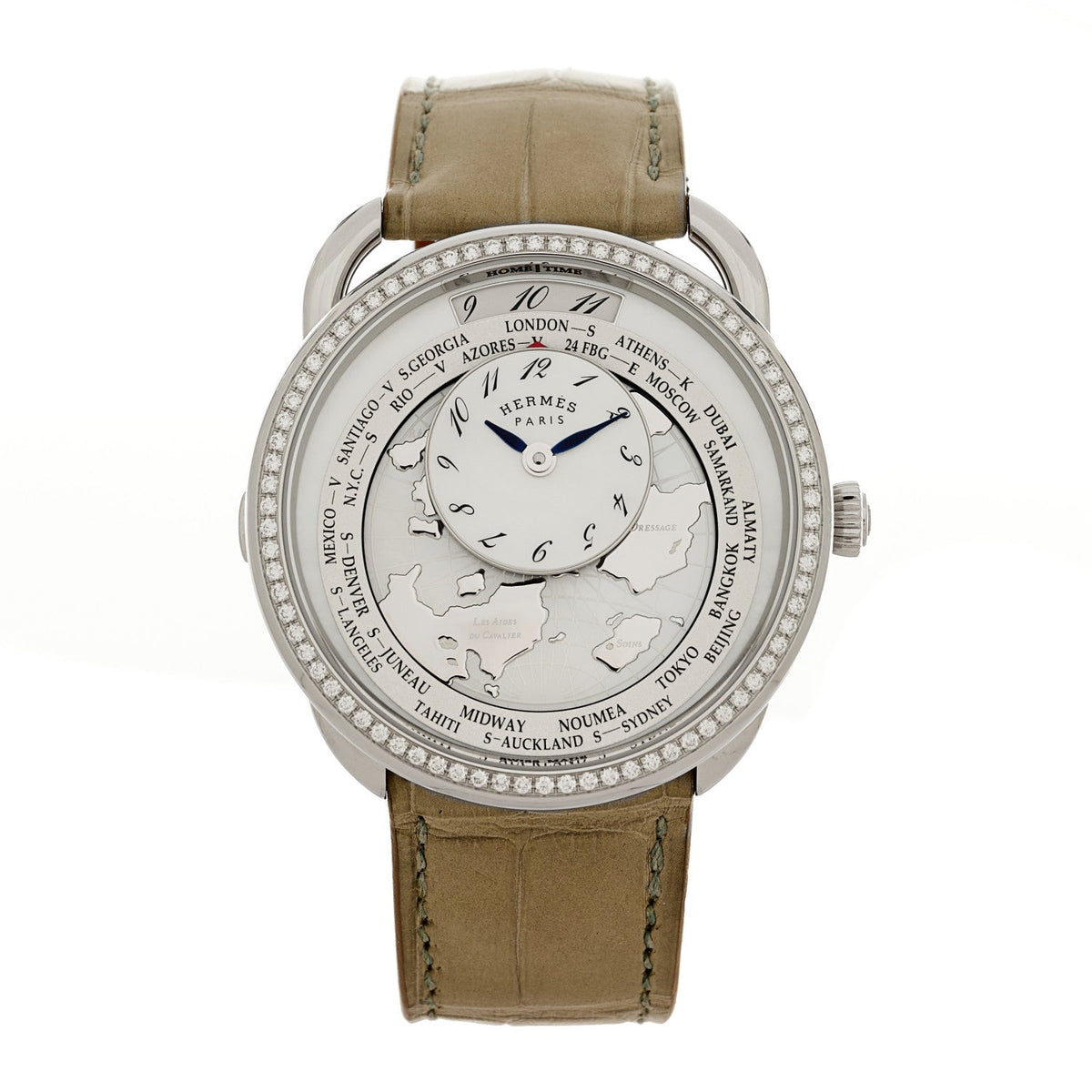Stainless Steel Alligator Diamond Bezel Mother of Pearl 38mm Arceau Le Temps Voyageur Automatic Watch Gris Perle