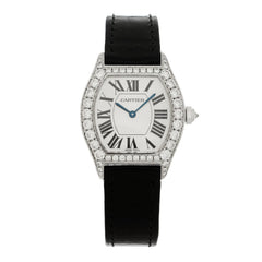 18K White Gold Alligator Diamond Bezel 28mm Tortue Manual Winding Watch Black