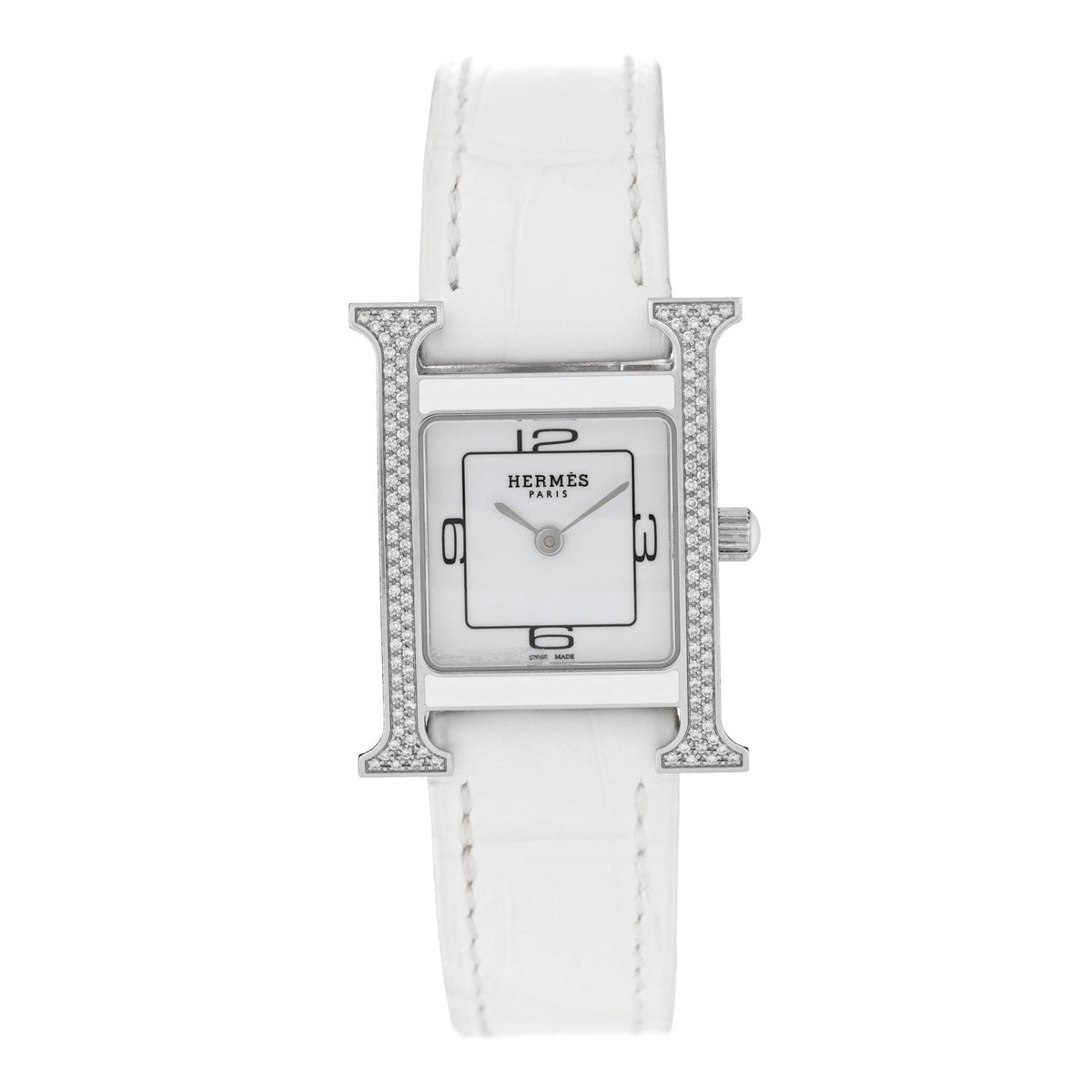 Stainless Steel Alligator Diamond Bezel Lacquer 21mm Heure H Hour Double Jeu Quartz Watch Blanc