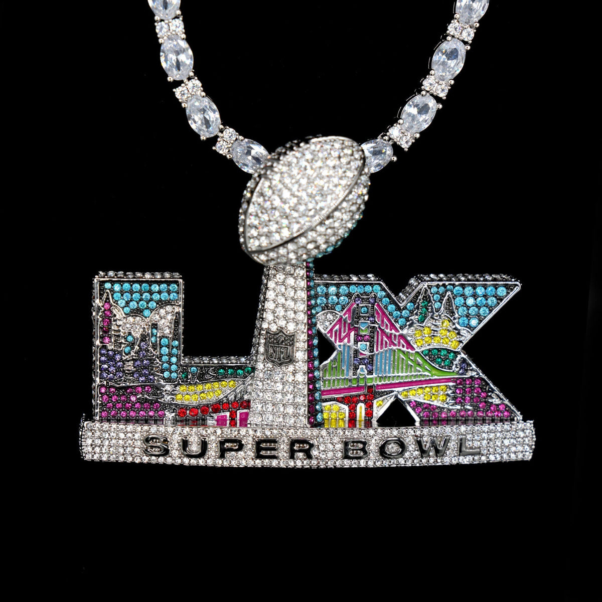 Iced 2026 Super Bowl LX Official Large NFL Logo Pendant in White Gold
