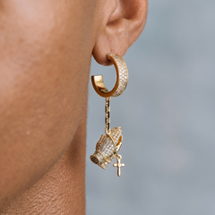 Iced Hanging Praying Hands Hoop Earring in Yellow Gold
